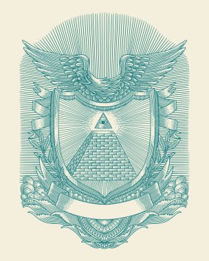 Hepsi Tanrı 'nın Gözü' nü kartalla birlikte kalkan çerçevesinde görüyor. masonluk ve illuminati sembolü, vintage vektör oyma biçimi illüstrasyonu