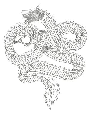 Beyaz arka planda izole edilmiş Japon ejderhası çizgisi. vektör illüstrasyonu