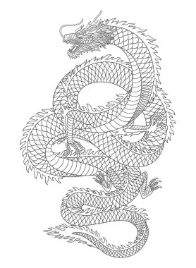 Beyaz arka planda izole edilmiş Japon ejderhası çizgisi. vektör illüstrasyonu
