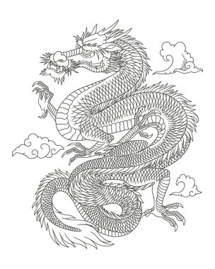 Beyaz arka planda izole edilmiş Japon ejderhası çizgisi. vektör yanılsaması
