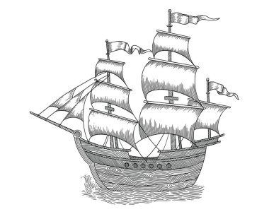 Beyaz arka planda izole edilmiş eski bir yelken gemisi. oyma biçimi ile