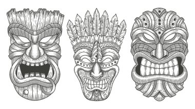 Tahta tiki seti. Gravür biçiminde vektör vintage illüstrasyon