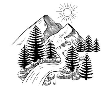 Köknar, nehir ve taşlarla kaplı dağ manzarası. skeç vektör illüstrasyonu