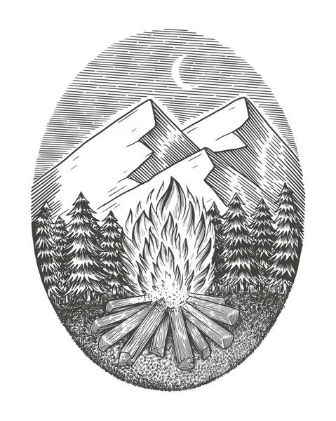 El yapımı kamp ateşi. Dağ ve ormanla. Vintage vektör illüstrasyon gravür biçimi