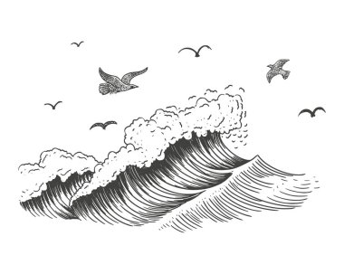 Beyaz arkaplanda izole edilmiş klasik oymacılık tarzında deniz dalgası