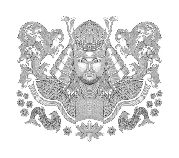  Samuray Savaşçısı çiçek süsü ve koi balığı, antika oyma tarzı, klasik vektör çizimi