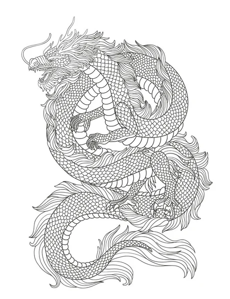 Beyaz arka planda izole edilmiş Japon ejderhası çizgisi. vektör yanılsaması