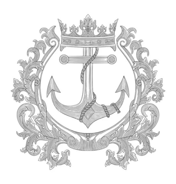 Levye ve antika barok çerçeveli çapa gemisi, Eski oyma çizim tarzı illüstrasyon