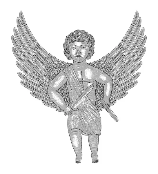Ангельский Ребенок Купидон Мечом Руках Рисунок Стиле Старинной Гравировки Стоковая Иллюстрация