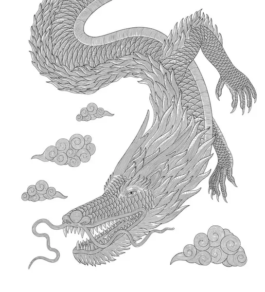 Японский Дракон Облаком Векторная Гравировка Стиле Рисунка Лицензионные Стоковые Иллюстрации