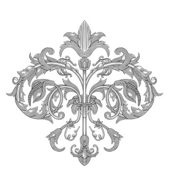 zambak çiçekli ve süslemeli fleur de lis, Vintage gravür çizim stili.