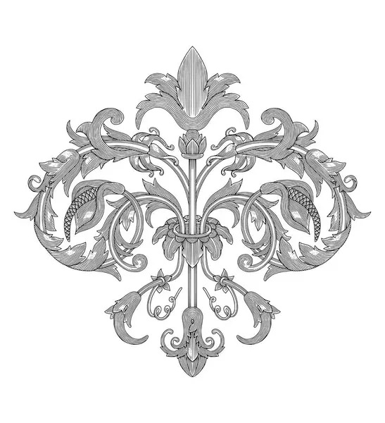 zambak çiçekli ve süslemeli fleur de lis, Vintage gravür çizim stili.