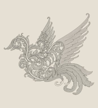 Kuş çiçekli süs, Vintage kabartma çizim stili