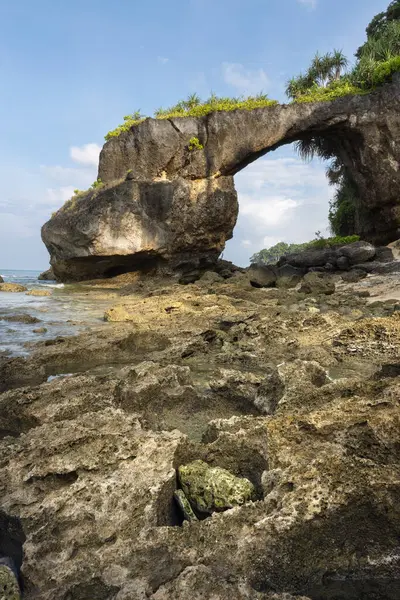 Tropikal Shaheed Dweep veya Neil adası Andaman ve Nicobar takımadalarının kayalık manzaralı kıyılarında doğal köprü kemeri