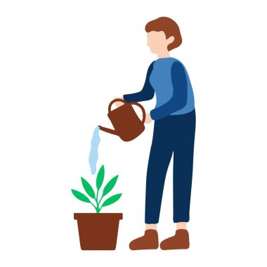 Saksı Çiçeği Sulama Kadın İllüstrasyonu