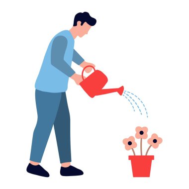 Çiçekleri Sulama Kutusu İllüstrasyonuyla Sulayan Adam