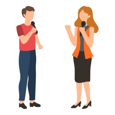 Mikrofonlu Kadın ve Erkek Konuşuyor Bir Konuşma Çizimi Yapıyor