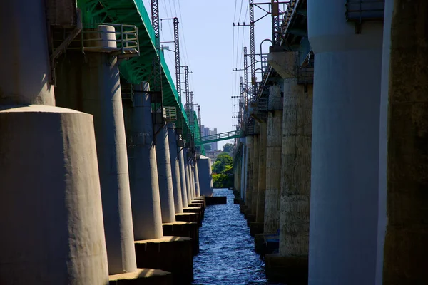 Nestled Two Railroad Bridges Han River Unique Riverside View Captures — Stock Photo, Image