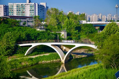 Seul, Güney Kore - 2 Haziran 2023: Songpa Patikası 'nda suda yüzen iki yarım daireyi andıran farklı kemerli sütunların olduğu yürüyen bir köprü manzarası.