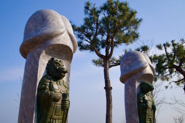 Samcheok City, Güney Kore - 28 Aralık 2023 Haesindang Parkı 'ndaki bir çam ağacına ve açık mavi gökyüzüne dayanan bir domuz ve farenin taş heykellerini çeken alçak açı..