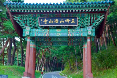 Yangyang County, South Korea - July 30, 2019: The road leading to Naksan Temple's entrance gate, bordered by a dark canopy of pine trees, creating a tranquil path to this ancient spiritual sanctuary. clipart