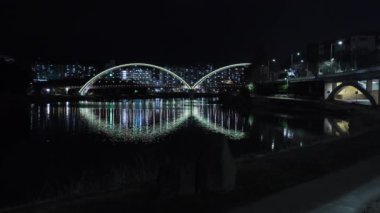 Ulsan, Güney Kore - 24 Şubat 2024: 30 saniyelik geniş açılı video Namsan Yolu 'nun altındaki parlak bisiklet ve yürüyüş alt geçidi sayesinde Taehwa Nehri' nin gece görüşünü sunuyor. Renkli LED ışıklandırmalı kemerler.