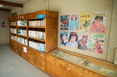 Ulsan, Güney Kore - 17 Mart 2024: Jangsaengpo Balina Kültür Köyü 'ndeki tarihi bir kitapçının içi, kitaplarla dolu raflar ve duvarlarla süslenmiş 20. yüzyılın ortalarından kalma çizgi roman ve filmlerle dolu.