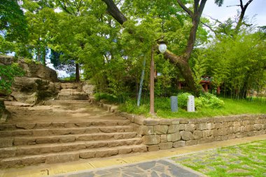 Samcheok, Güney Kore - 29 Temmuz 2024: Doğal yeşillik ve bambuyla sıralanmış taş bir merdiven tarihi Jukseoru Pavyonu 'na çıkıyor, Gangwon Eyaleti' nin çevresindeki doğal manzarayla sorunsuz bir şekilde harmanlanıyor..