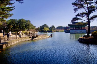 Gyeongju, Güney Kore - 11 Kasım 2023: Ziyaretçiler Donggung Sarayı 'ndaki Wolji Pond' un kıyısında, uzak bir Kore köşkünde, huzurlu bir çevrede ve açık sonbahar gökyüzünün tadını çıkarıyorlar..