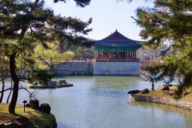 Gyeongju, Güney Kore - 11 Kasım 2023: Ağaçlarla çevrili Donggung Sarayı 'nın manzaralı manzarası, Wolji Pond ve önplanda küçük bir ada, huzurlu bir sonbahar manzarası yaratıyor..