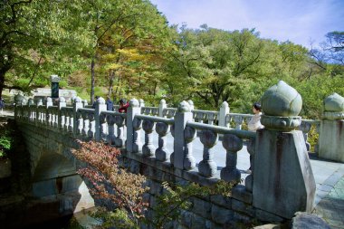 Ulsan, South Korea - October 21st, 2023: Visitors admire the view from a stone bridge crossing a creek below Seoknamsa Temple, surrounded by vibrant autumn foliage and the serene atmosphere of Seoknamsa Valley. clipart