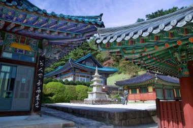 Ulsan, South Korea - October 21st, 2023: The stone pagoda stands at the center of Seoknamsa Temple's courtyard, framed by intricately designed temple buildings and vibrant eaves under a clear autumn sky. clipart