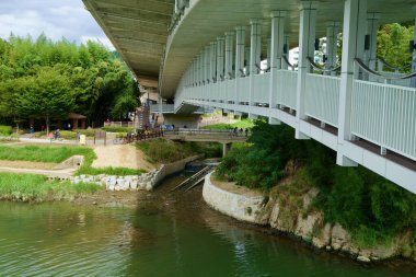 Ulsan, Güney Kore - 5 Ekim 2024: Ulusal Bahçe Köprüsü 'nün altındaki yaya geçidinden Taehwa Nehri' ne ve çevresindeki yeşilliklere bakan cam paneller.
