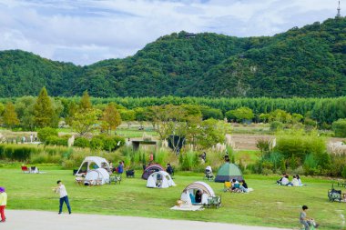 Ulsan, Güney Kore - 5 Ekim 2024: Taehwa Nehri Ulusal Bahçesi 'nde hafta sonu kampının keyfini çıkaran aileler, yemyeşil ve tepeler açık hava faaliyetleri için sakin bir zemin sağlıyor.