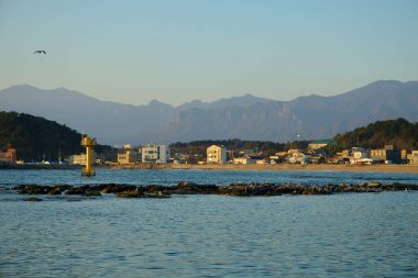 Goseong İlçesi, Güney Kore - 3 Kasım 2024: Gyoam Sahili ve Gyoam Limanı 'nın sakin manzarası kıyı binaları ve görkemli dağlar tarafından çerçevelenmiş sarı bir navigasyon şamandırası.