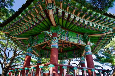 Yangyang County, South Korea - November 3, 2024: A detailed view of the beautifully ornate Hajodae Pavilion, showcasing traditional Korean architecture and vibrant wooden carvings amidst a serene forest setting. clipart