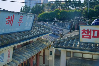 Ulsan, Güney Kore - 14 Kasım 2024: Jangsaengpo Balina Köyü 'ndeki geleneksel kiremitli çatı manzarası, miras mimarisi ve modern çevrenin karışımını gözler önüne seriyor.