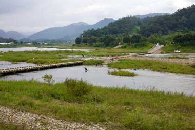 Goesan County, South Korea - September 10, 2020: People explore the shallow waters at the confluence of Ssang Stream and Dal Stream, wading, fishing, and relaxing near the stepping stone bridge, with rolling mountains in the background. clipart