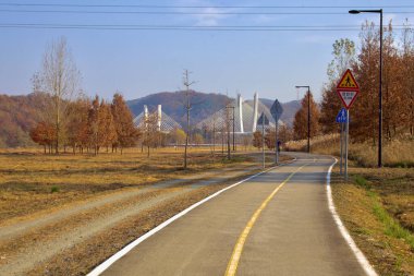 Sejong City, Güney Kore - 12 Kasım 2020: Bir bisikletçi, Geum Nehri 'ni kaplayan, kablo destekli modern bir yapı olan Aramchan Köprüsü' ne doğru manzaralı bir bisiklet yolu boyunca gider. 2016 yılında açılan 840 metre uzunluğundaki köprüde BRT şeritleri ve doğaçlamalar yer alıyor.