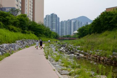 Daejeon, Güney Kore - 28 Mayıs 2021: İnsanlar Gapcheon Stream 'in yanındaki kaldırımlı yolda yürüyor, yeşil ve kayalık setlerle çevrili, yüksek binalar ve uzak dağ manzaralı.