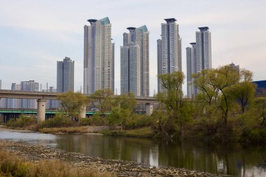Daejeon, Güney Kore - 12 Kasım 2020: Geum Nehri üzerinde yüksek binalar kulesi, denizi geçen bir demiryolu köprüsü, kentsel gelişim ve doğa arasındaki zıtlığı gözler önüne seriyor.