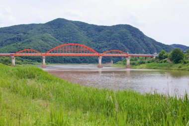 Sejong Şehri, Güney Kore - 27 Mayıs 2021: Bulti Köprüsü manzarası, Geum Nehri 'ni geçen kırmızı kemerli bir yapı, yemyeşil bir dağ manzarası üzerine kurulmuştur..