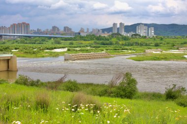 Sejong City, Güney Kore - 27 Mayıs 2021: Sejong Weir Geum Nehri boyunca su akışını kontrol ediyor, sel yönetimi, sulama ve koruma çabalarını dengeliyor. Arka planda şehrin ufuk çizgisi yükseliyor.