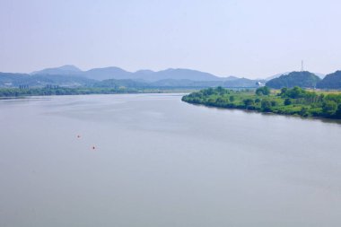 Yuvarlanan tepeler arka planı oluştururken, Geum Nehri 'nin sakin bir uzantısı yemyeşil nehir kıyılarını geçer. Nehirlerin yansıtıcı yüzeyi kırmızı şamandıralarla işaretlenmiştir..
