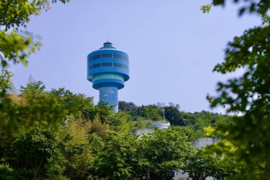 Gunsan, Güney Kore - 28 Mayıs 2021: Geumgang Estuary Bird Sanctuary gözlem kulesi yemyeşil yeşilliğin üzerine yükselir, Geum Nehri halklarının panoramik manzarasını sunar ve kuş izleme ve koruma eğitimi için kilit bir alan olarak hizmet verir.
