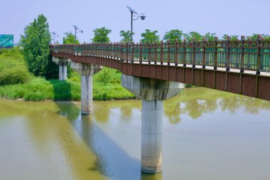 Iksan, Güney Kore - 27 Mayıs 2021: Tahta bir yaya ve bisiklet köprüsü Seongdang Limanı yakınlarındaki Geum Nehri boyunca uzanır, güneş enerjili sokak lambaları ve Geumgang Bisiklet Yolu 'ndaki bisikletçiler için manzaralı bir geçiş sağlar..
