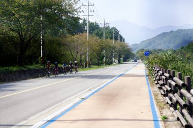 Gwangyang Şehri, Güney Kore - 3 Ekim 2021 Seomjingang Bisiklet Yolu boyunca bir grup bisikletçi, mavi çizgilerle işaretlenmiş, yemyeşil ve uzak dağlarla çevrili bir bisiklet yolu..