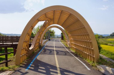 Muan County, Güney Kore - 25 Eylül 2020: Eğri ahşap kemer yolu Yeongsan Nehri Bisiklet Yolu boyunca gölge sağlar, asfalt üzerine geometrik gölgeler bırakarak gözlem güvertesi ve nehre doğru gider..