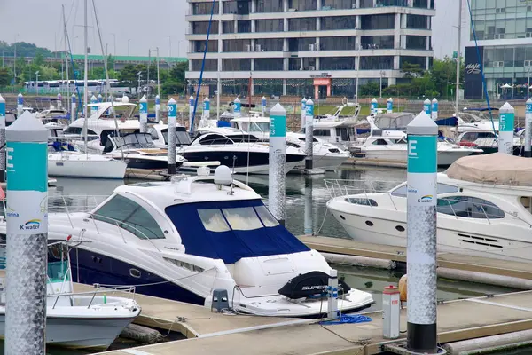 Incheon, Güney Kore - 19 Mayıs 2025: Kabin kruvazörleri ve sürat tekneleri de dahil olmak üzere bir dizi yat, arka planda iskan ve ticari binalarla Ara Marina 'nın E iskelesine kenetlendi..