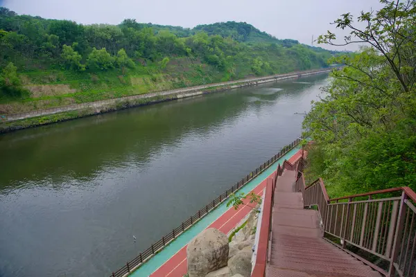 Incheon, Güney Kore - 19 Mayıs 2025: Ara Waterway 'e doğru metal bir merdivenden aşağı bakmak, kırmızı-yeşil Ara Bisiklet Yolu Verdant Spring Hills' in aşağısındaki kanalı izliyor.